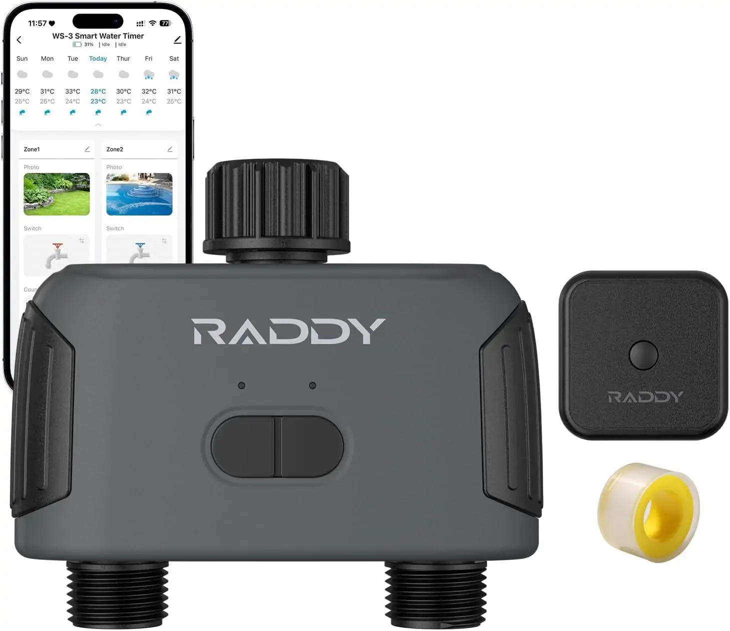 Raddy WS-3 WiFi Water Timer,2 Zones Sprinkler Timer for Garden Hose, Automatic Irrigation System with WiFi Hub, APP Control, Work with AWiFi Hub, Rain