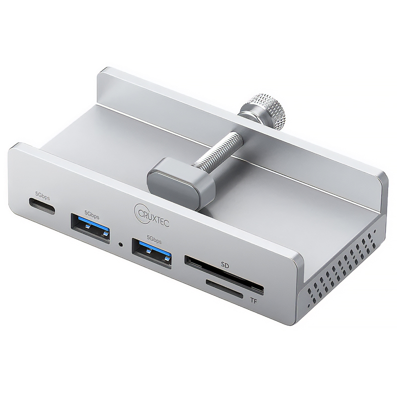 Cruxtec 5-Port Aluminum Clamp USB 3.0 Hub with USB-C Power Supply Port and Card Reader (TC3-1C2ATS-SV)