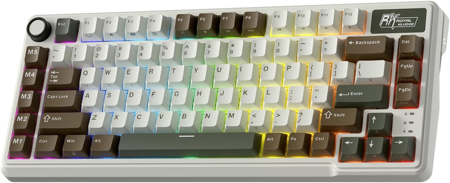 RK ROYAL KLUDGE Mechanical Keyboard L75, RGB, 2.4Ghz/BT/Wired, Beige Switch, Palm Green