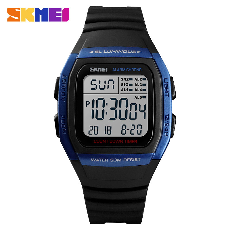 Outdoor sports 5 sets of alarm clocks waterproof multifunctional dual time student electronic watch 1278-blue