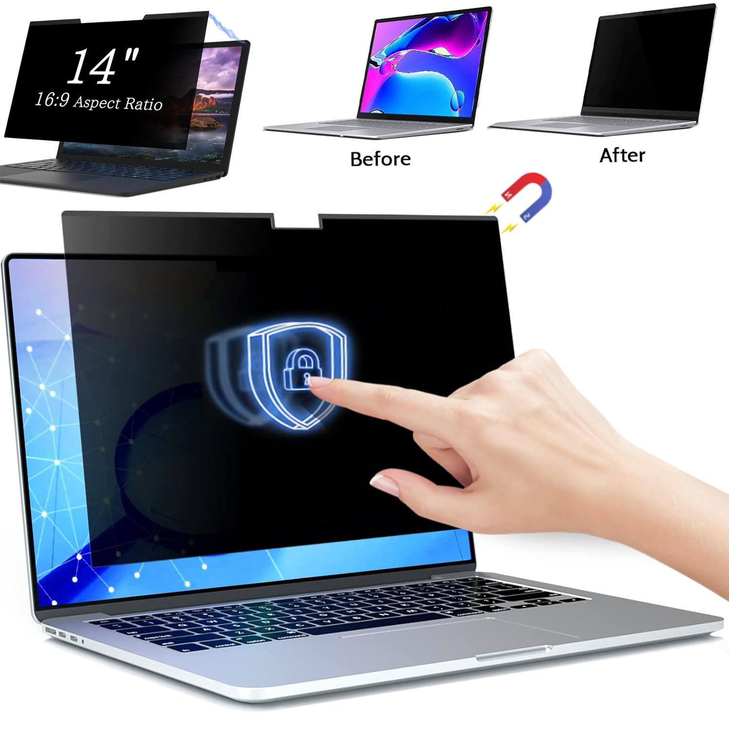 Magnetic Laptop Privacy Screen 14 inch for 16:9 Computer Monitor, 14" Removable Anti Glare Protector Blue Light Filter Shield Compatible with Lenovo H