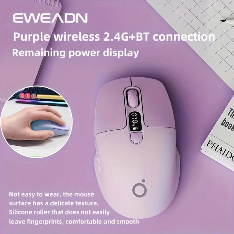 EWEADN Q1 Mini Wireless BT Rechargeable & Silent Mouse With Type-c Charging Port, With Remaining power display, Suitable - Purple