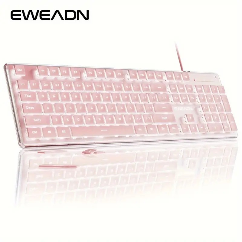 EWEADN High Aesthetic Keyboard | 104 Keys All-Metal Panel Wired with Cozy keycaps, Mute button, and White Backlit USB -  Pink