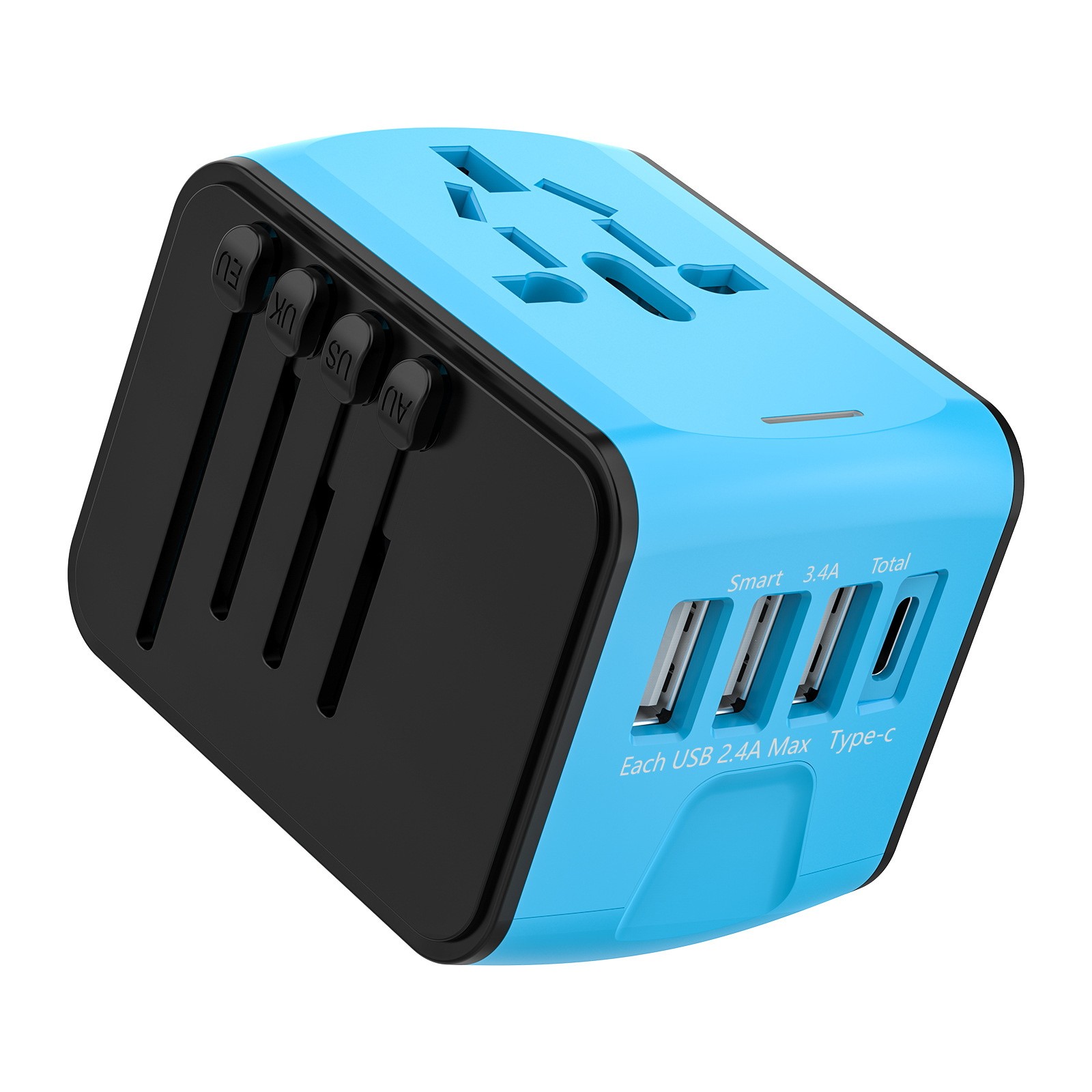 International Universal Travel Adapter - Works in 200+ Countries, 3 USB Ports & Type-C Charger for iPhone, iPad, Tablets & More(Blue)