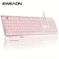 EWEADN High Aesthetic Keyboard | 104 Keys All-Metal Panel Wired with Cozy keycaps, Mute button, and White Backlit USB -  Pink