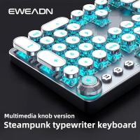 EWEADN TK100 Punk Typewriter Mechanical Keyboard - Retro Metal Panel, Multimedia Knob, Blue Backlight & Blue Switches