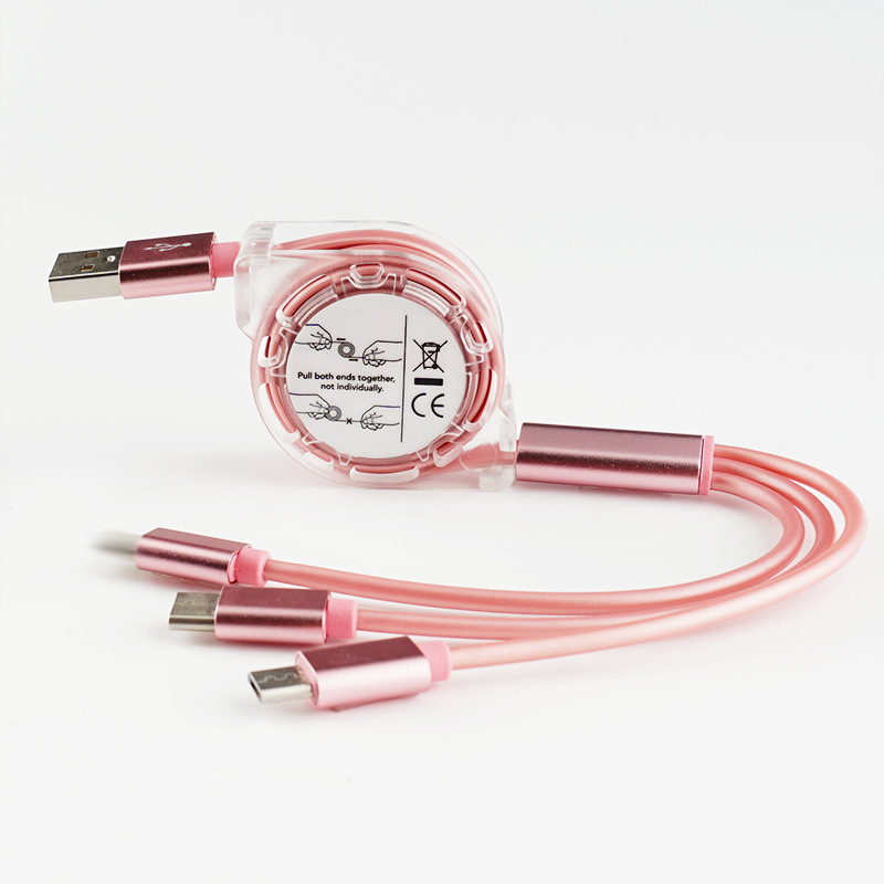 1M Pink 3-in-1 Retractable Metal Data Cable, Fast Charging for Android/Type-C Phones