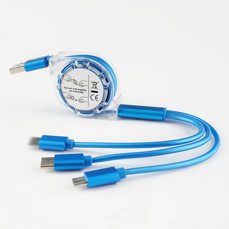 1M Blue 3-in-1 Retractable Metal Data Cable, Fast Charging for Android/Type-C Phones
