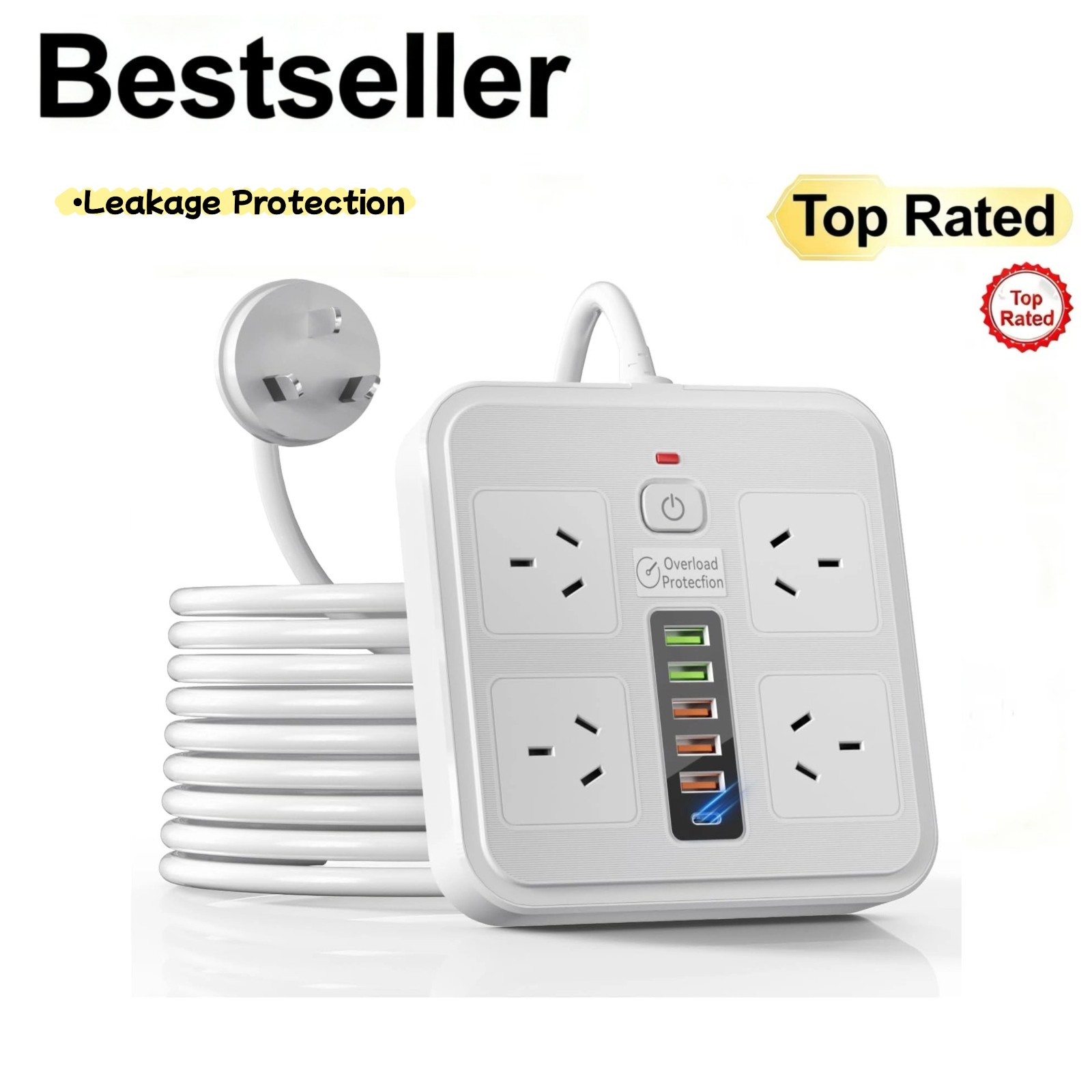 Powerboard USB 10in1 Power Board with Surge Protection Smart USB C Power Board with 4-Outlets Wall Mountable Powerboard with 2M Power Extension White