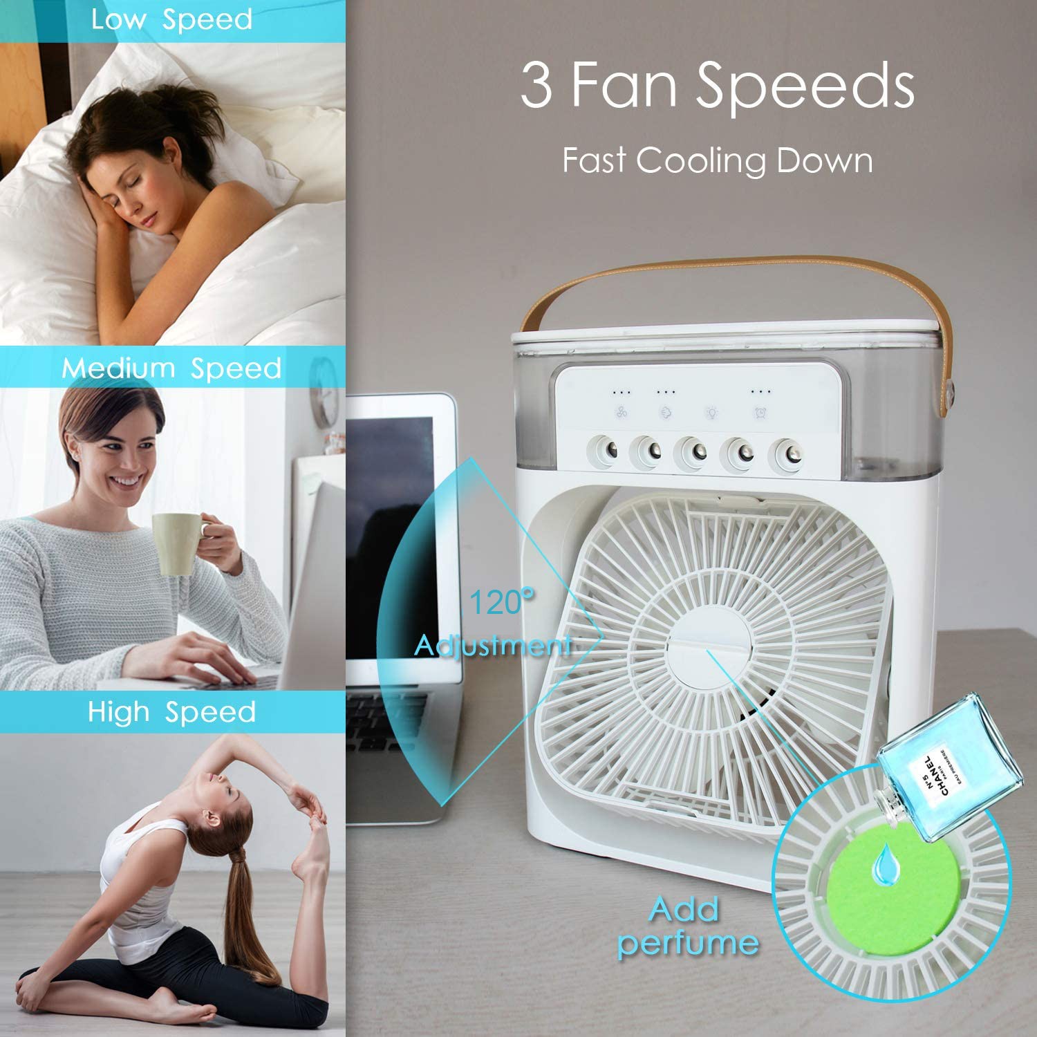Misting Desk Fan 4-in-1 Portable Air Conditioner Fan 5 Mist Holes 3 Speeds USB Table Fan 7 Colors LED Night Lights Cooling Fan