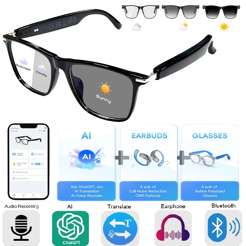 AI Real-time Translation Smart Glasses with ChatGPT 164 Language Bluetooth Glasses with Color-Change Lens,Hands-Free Calling Sunglasses for Women Men
