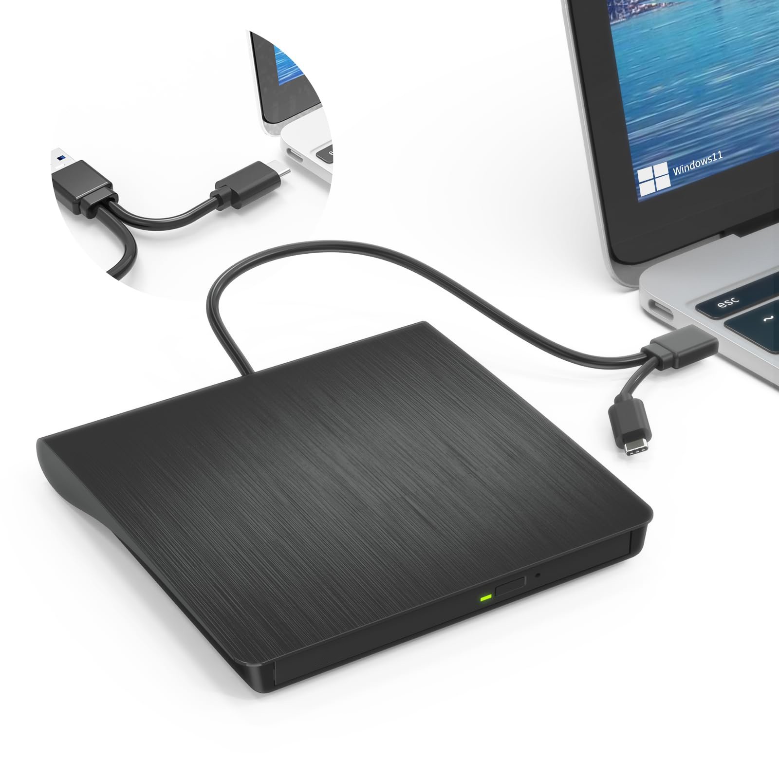 External DVD Drive,USB 3.0 and Type-C CD DVD Disc Reader Writer Burner Player,Slim and Portable CD DVD +/-RW Optical Drive for PC Laptop Desktop