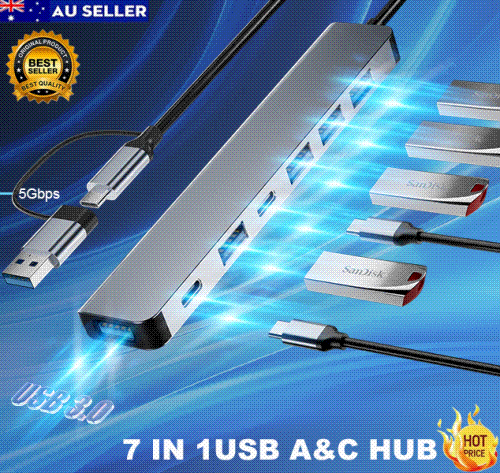 USB C Hub 7 in 1 USB Hub Aluminum USB C & USB Hub with USB 3.0 USB 2.0 Ports for PC/Laptops/MacBook Pro/Air/iMac/iPad and More Devices 