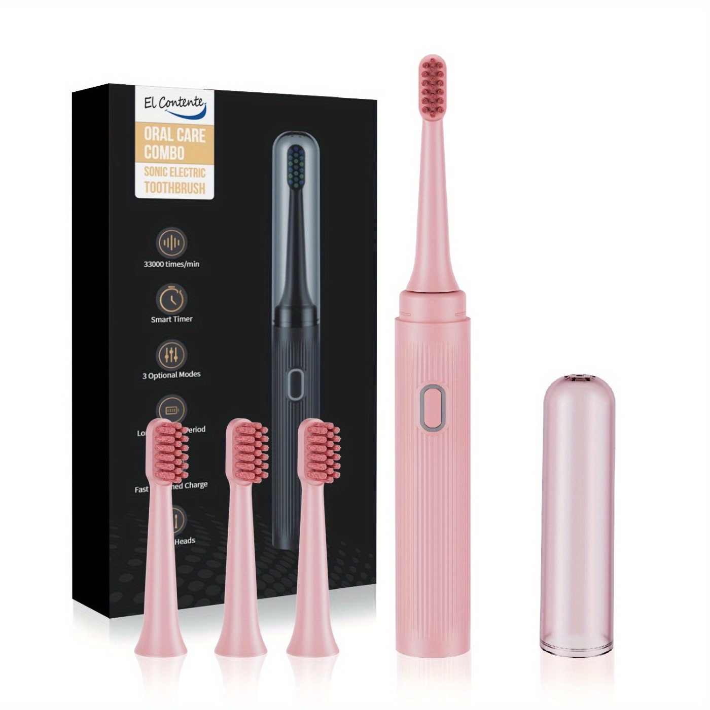 T7 Portable Sonic Electric Toothbrush Adult Rechargeable Electric Toothbrush with 4 Brush Heads,Pink