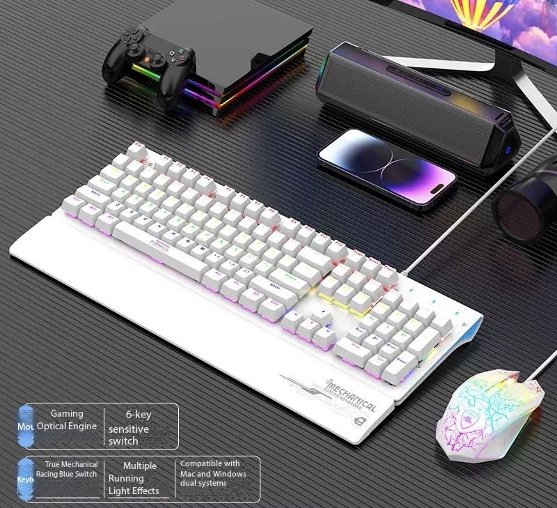 Friend Wolf Wired White Mechanical Keyboard Mouse Blue Switch Gaming Laptop Compatible Mechanical Keyboard Kit 