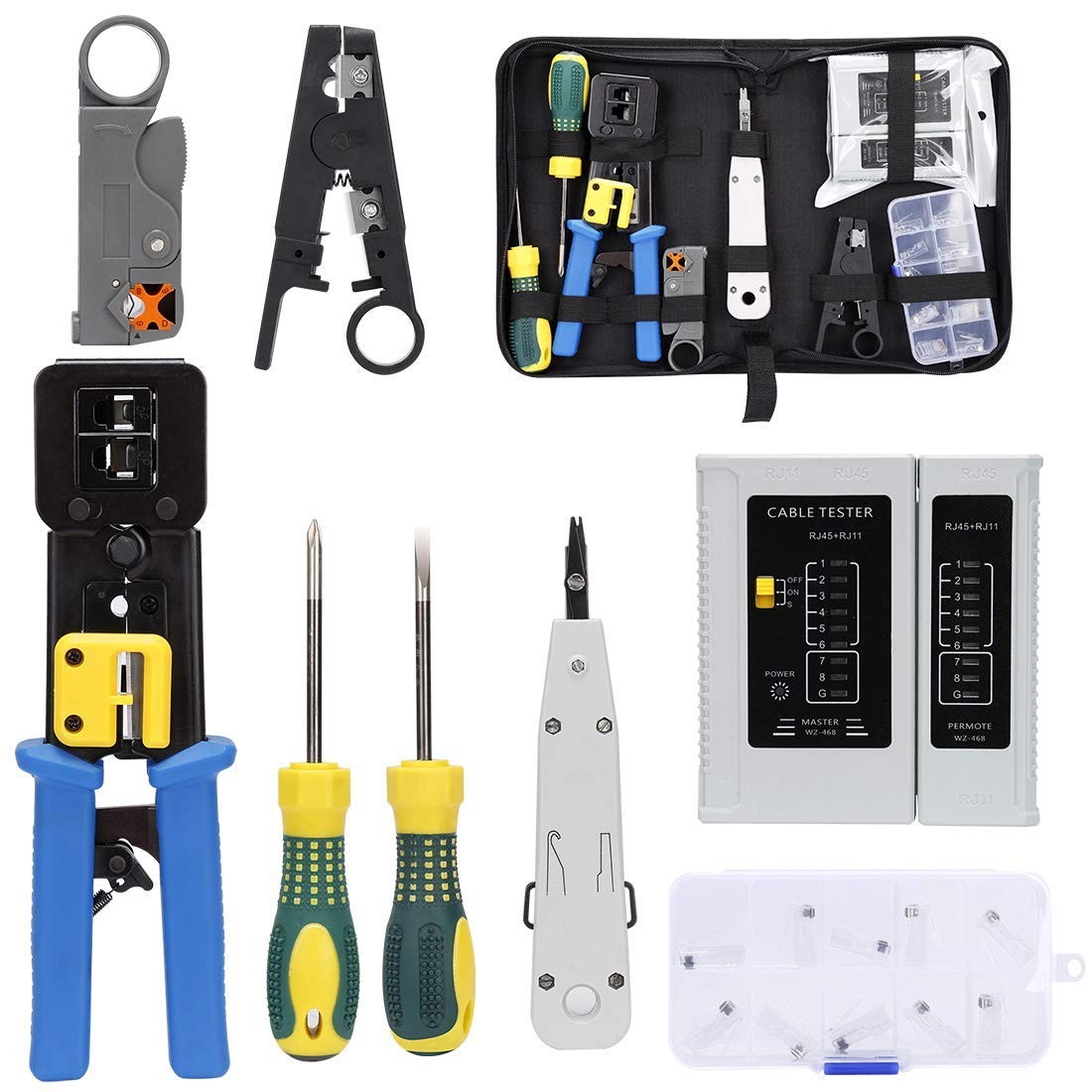 Pass Through RJ45 Crimping Tool Kit, Ethernet Network Cable Repair Set for Cat5 Cat5e Cat6, Includes RJ11 LAN Tester, Stripper & Punch Down Tool