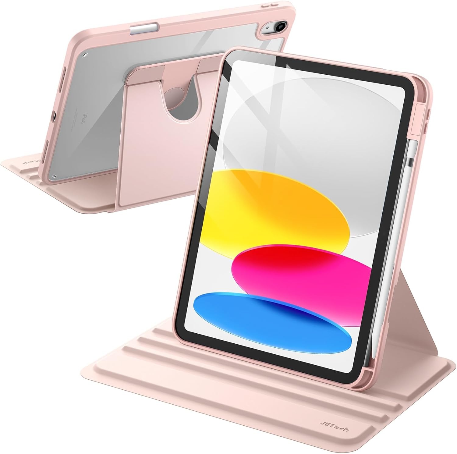 Rotating Case for iPad (A16) 11th/10th Generation (2025/2022) with Pencil Holder, 360 Degree Rotation Protective Stand Cover Clear Back Pink