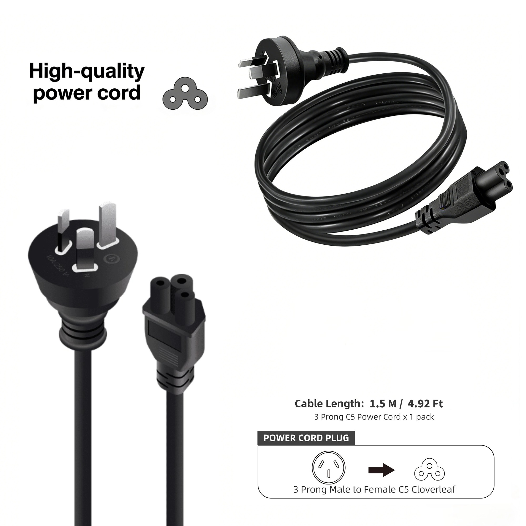 VELORICA 1.5m AU Plug to IEC C5/C6 Cloverleaf AC Power Cord, Male to Female Replacement Power Supply Cable for Laptop Adapters, NUCs, Monitors