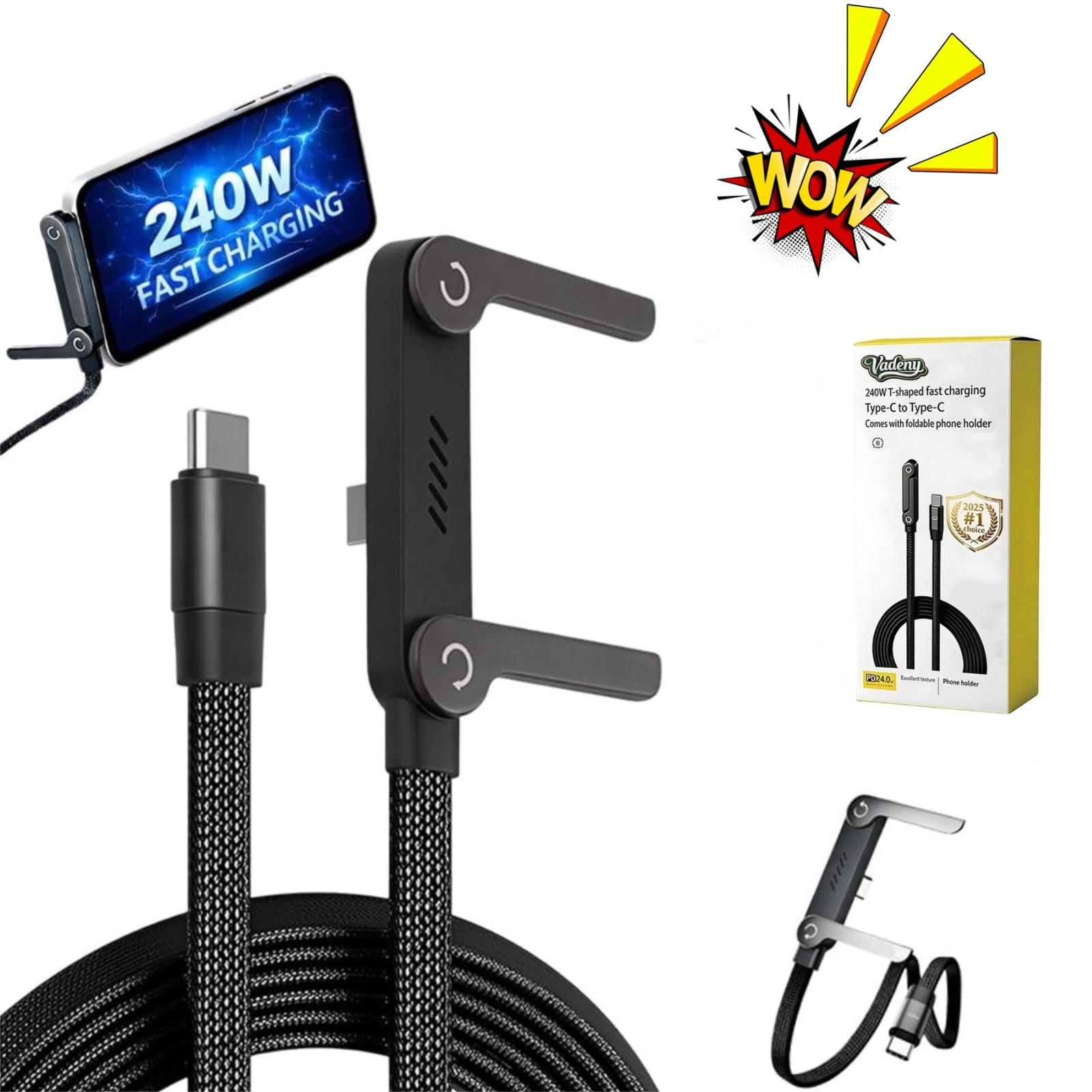 240W USB-C to USB-C PD Fast Charging Cable 1.5m, L-Shaped Braided Charger Cable with Foldable Stand, 480Mbps Data Transfer for Phone/Laptop/iPad