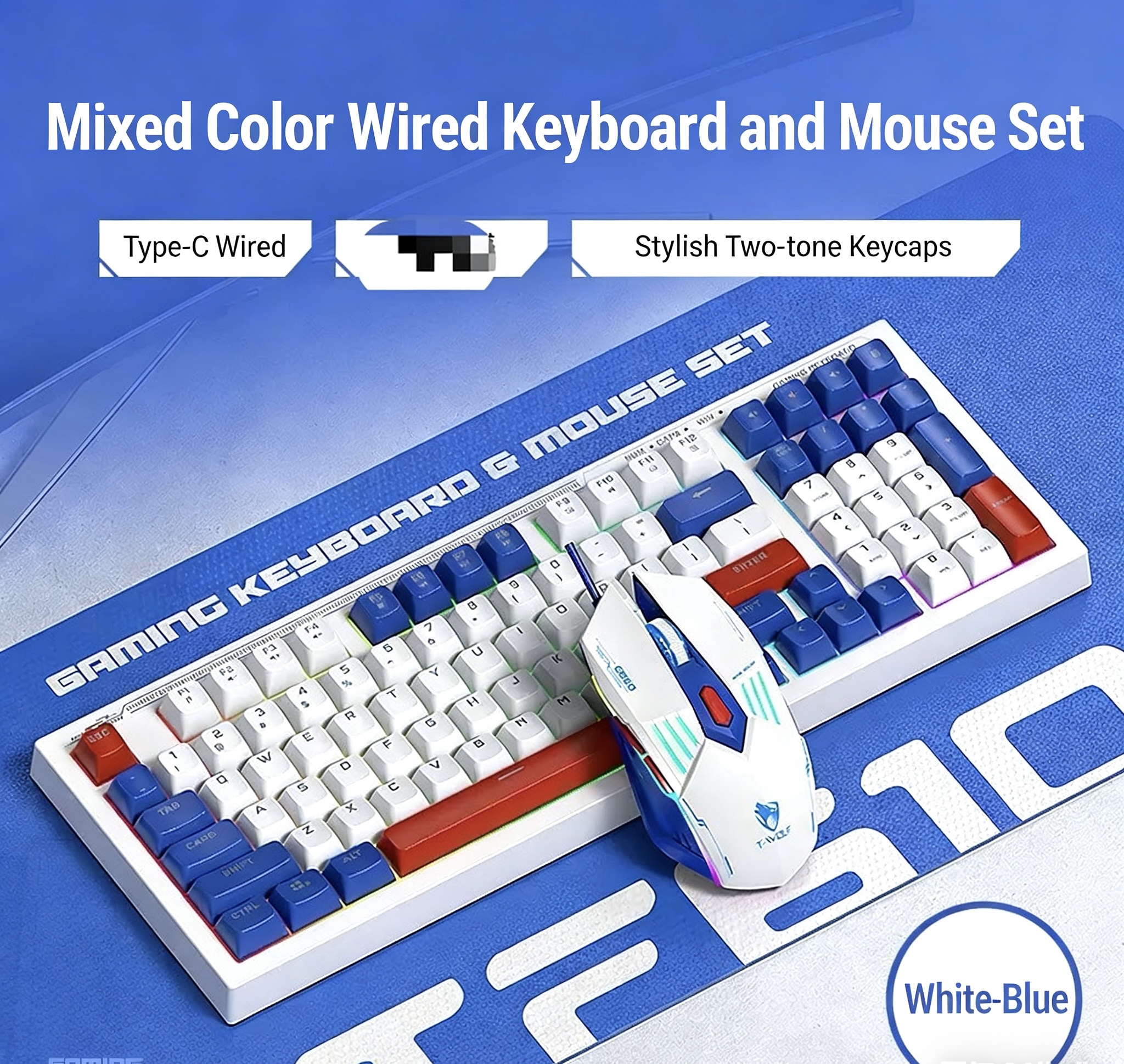 TF610 gaming keyboard mouse set, glowing silent white and blue dual-color set, office keyboard set 