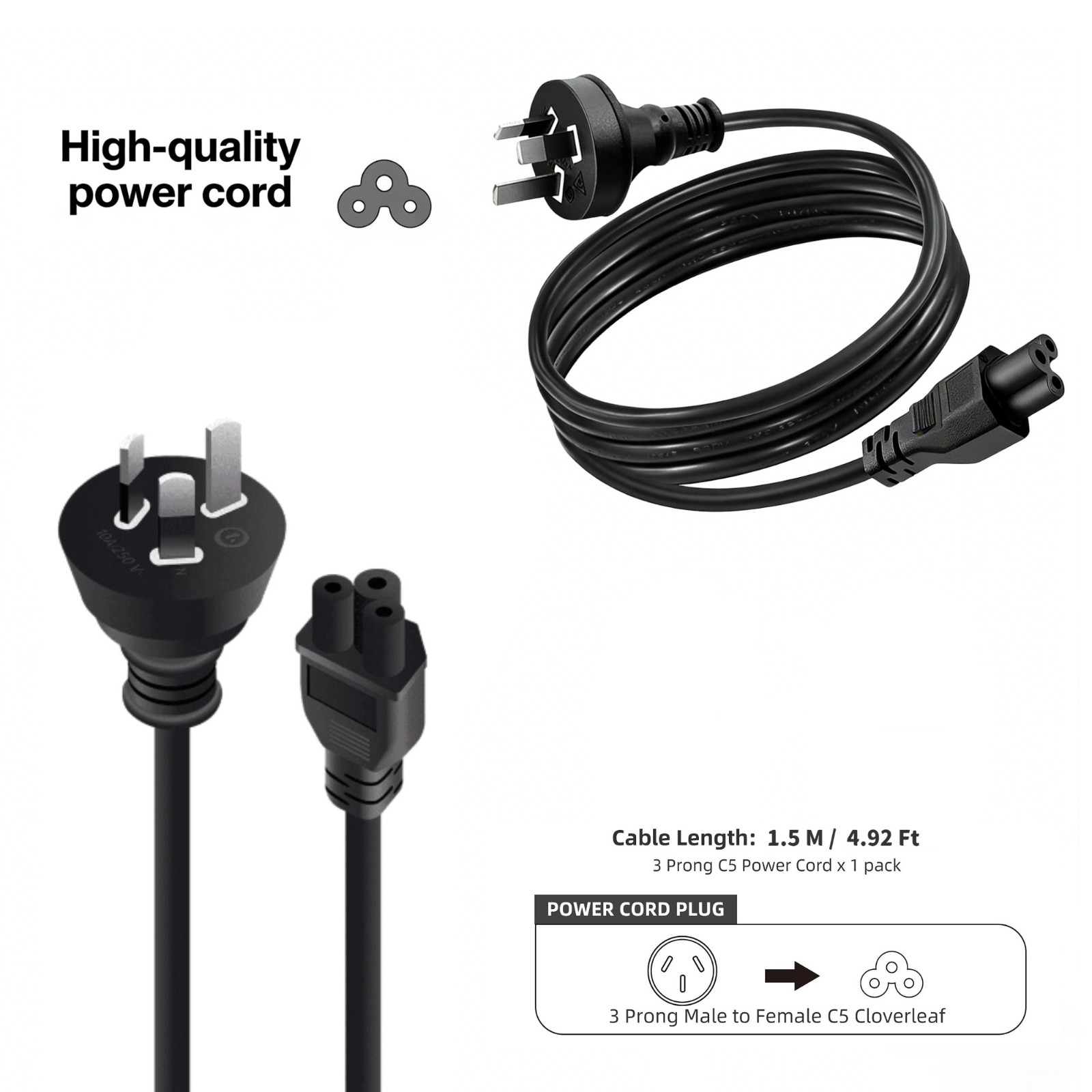 1.5m AU Plug to IEC C5 Cloverleaf AC Power Cord, Male to Female Replacement Power Supply Cable for Laptop Adapters, NUCs, Monitors (for IEC C6 Inlet)
