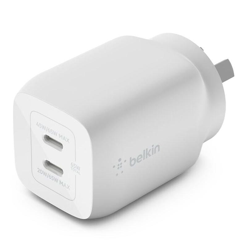 Belkin BoostCharge Pro Dual USB-C GaN Wall Charger with PPS 65W - White (WCH013AUWH)