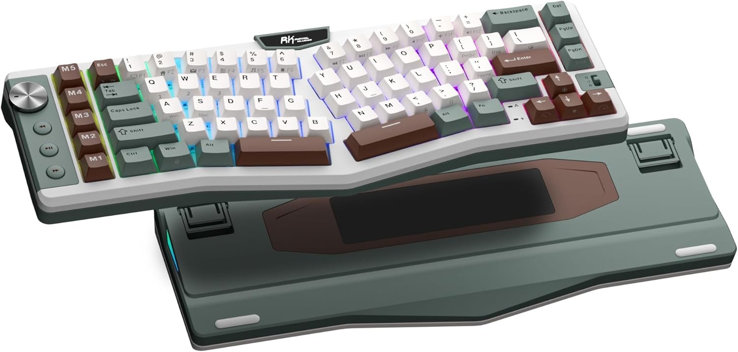 RK ROYAL KLUDGE A72 Alice Ergonomic Wireless Mechanical Keyboard w/Knob/Macro Keys/Touchable Nameplate, Tri-Mode 68% 72-Key Gasket Keyboard