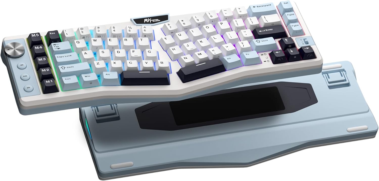 RK ROYAL KLUDGE A72 Alice Ergonomic Wireless Mechanical Keyboard w/Knob/Macro Keys/Touchable Nameplate, Tri-Mode 68% Gasket,Beige Switch, Sky Blue