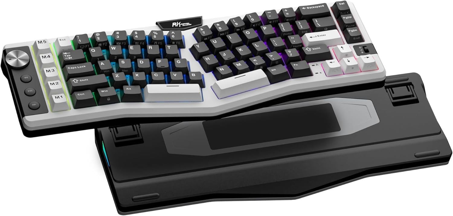 RK ROYAL KLUDGE A72 Alice Ergonomic Wireless Tri-Mode 68% Gasket Mechanical Keyboard w/Knob/Macro Keys/Touchable Nameplate, Beige Switch, Cloudy