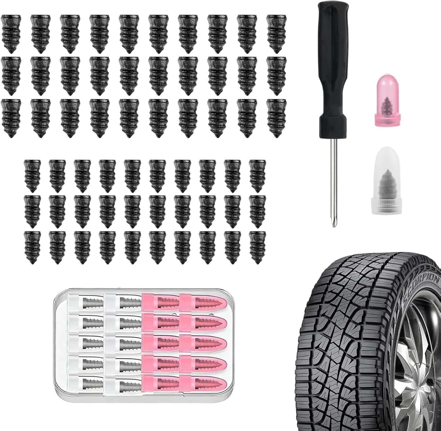 Tyre Repair Kit - 60 Pcs Tire Repair Rubber Nail Studs, Tire Repair Rubber Screws Plugs Fast Tool Self-Service Vacuum Tire Repair Rubber Nail