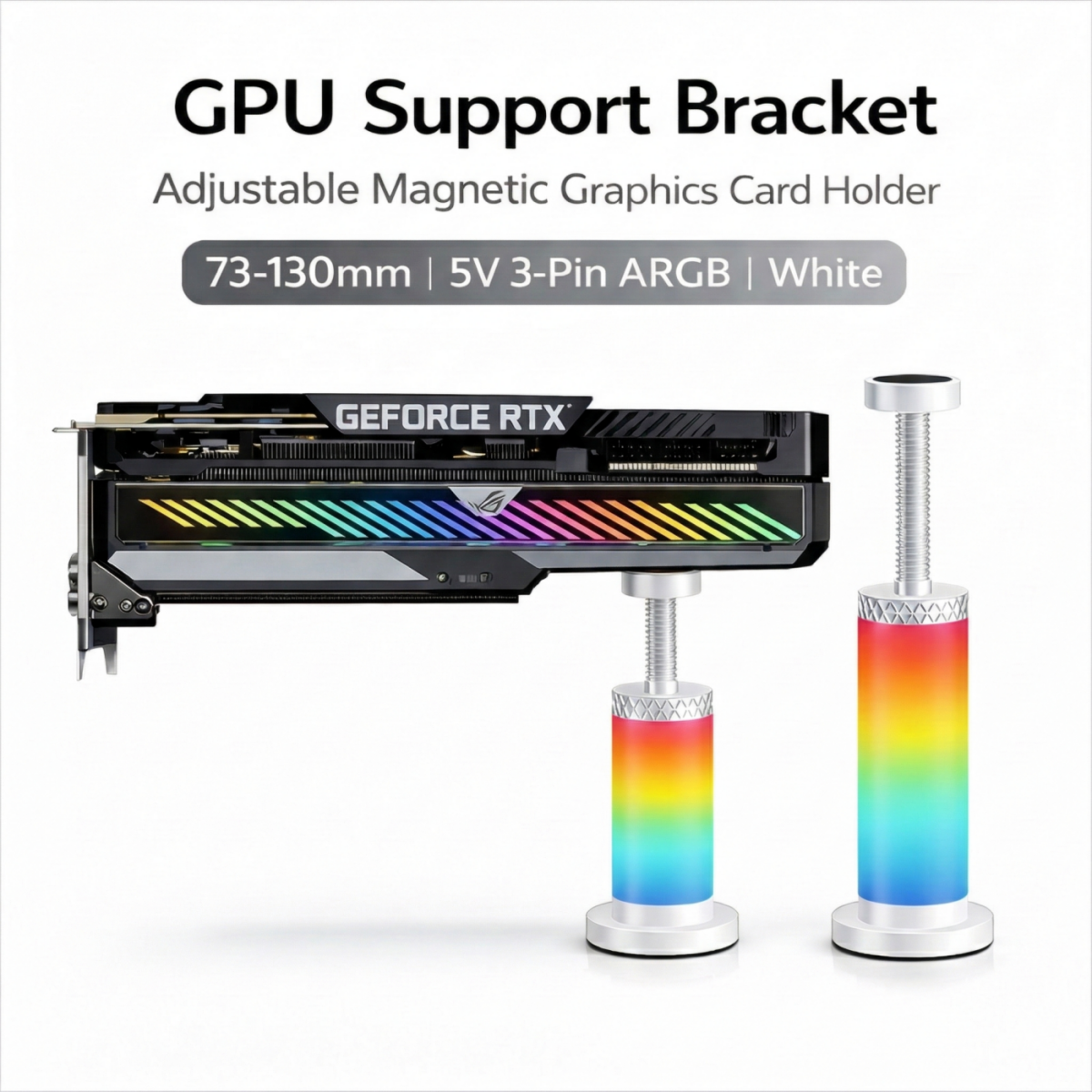 GPU Support Bracket 73-130mm, Adjustable Magnetic Graphics Card Holder, 5V 3-Pin ARGB Anti-Sag Support for ATX / M-ATX / ITX PC Case, White