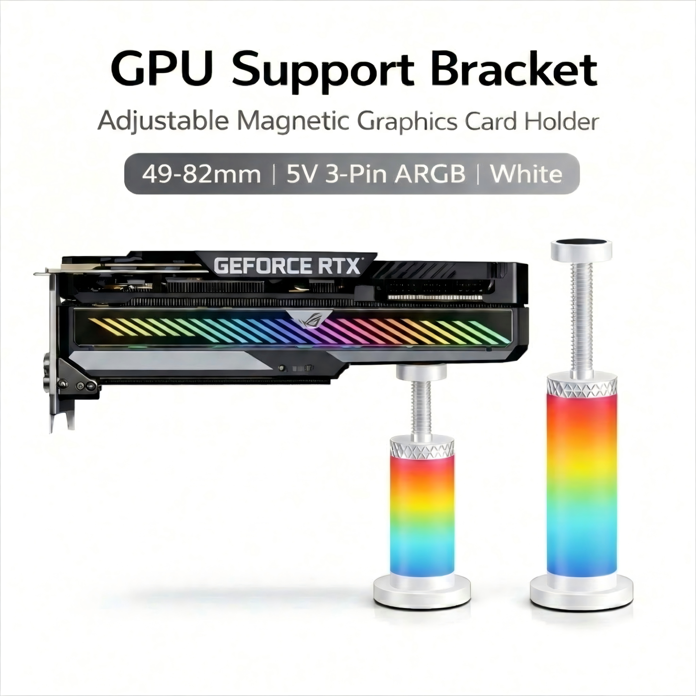 GPU Support Bracket, Graphics Card Anti-Sag Stand 49-82mm, Universal Magnetic Adjustable Aluminum Holder, White, for GeForce/AMD ATX/M-ATX/ITX PC Case
