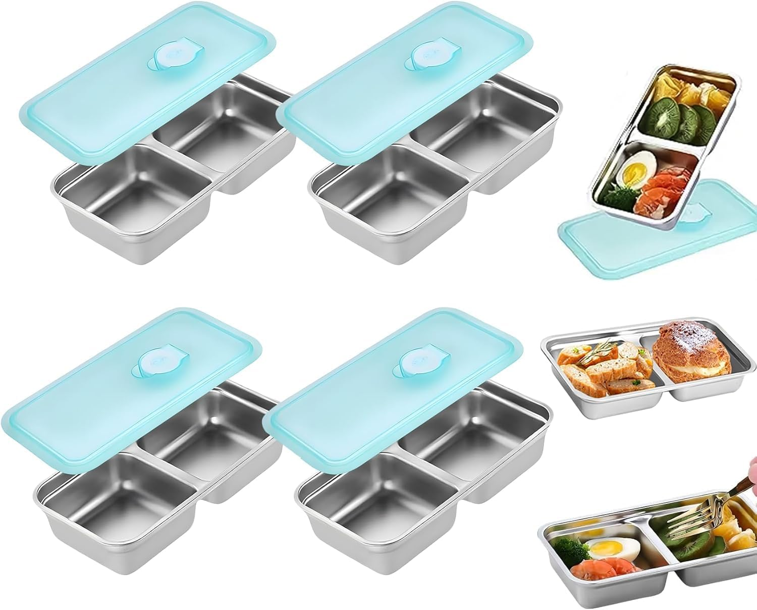 Stainless Steel Snack Containers, 4 Pack Double Compartment Leak-Proof Food Storage Containers with Lid, Dishwasher & Microwave Safe