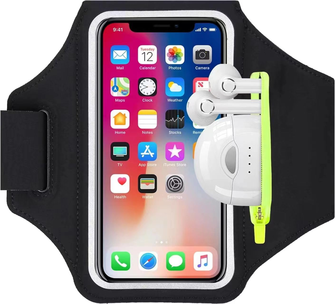 Running Armband with Earbuds Bag, Sports Mobile Phone Armbands for iPhone 16/15/14/13/12 Pro Max/Galaxy S24+, Adjustable Strap, Zipper Pocket