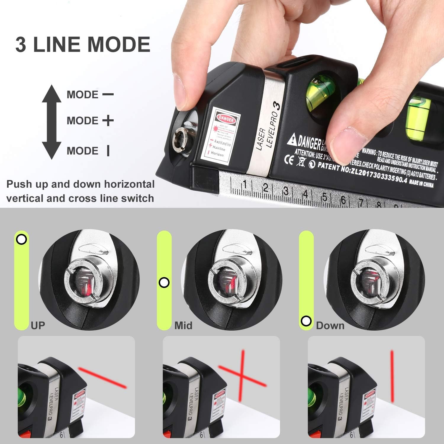 Laser Level Line Tool, Multipurpose Laser Level Kit Standard Cross Line Laser leveler Beam Tool with Metric Rulers 8ft/2.5M for Picture Hanging cabine