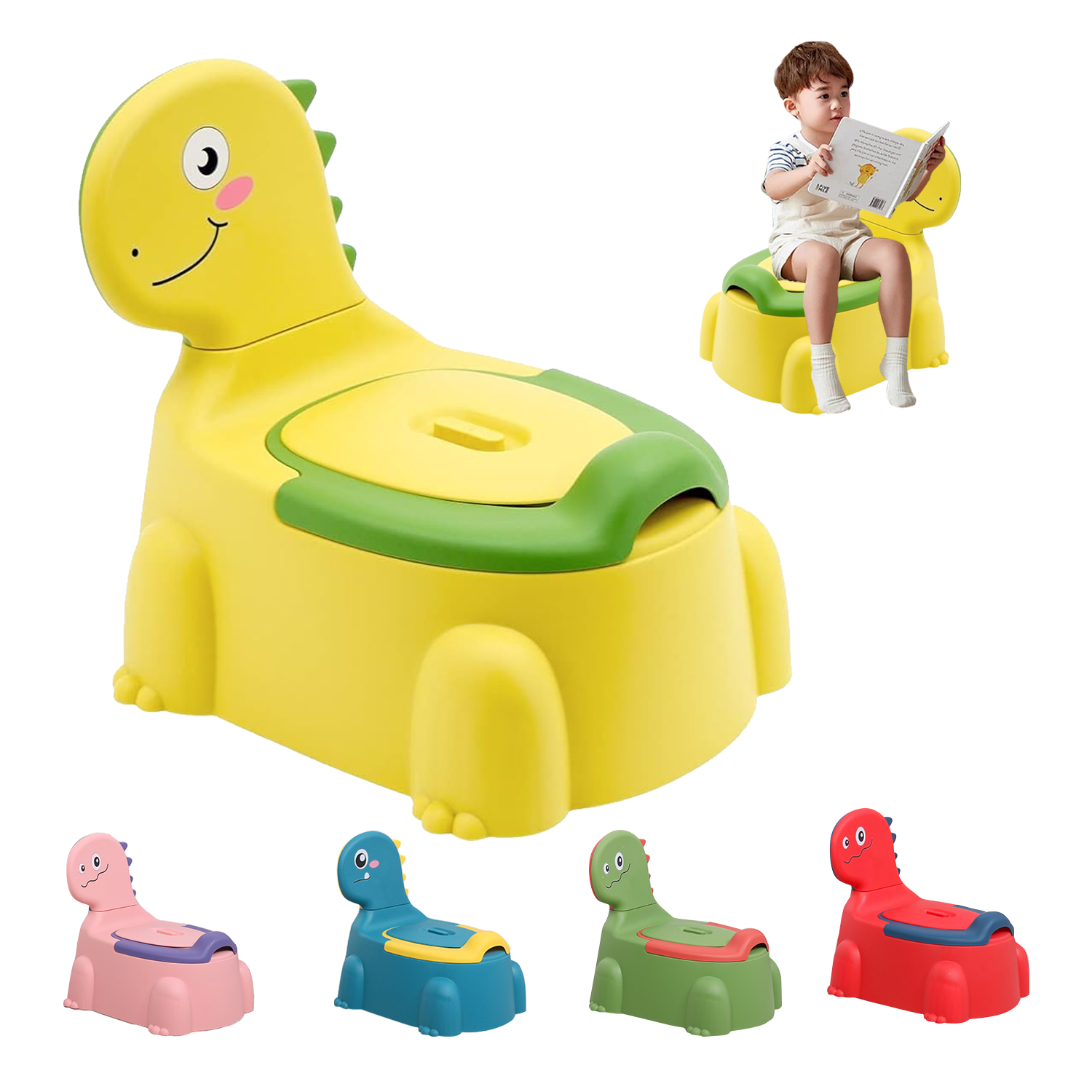(Yellow)Dinosaur Potty Chair for Toddlers 1-6 Years - Anti-Slip Portable Toilet Seat with Removable Lid & Splash Guard, Lightweight Training Potty