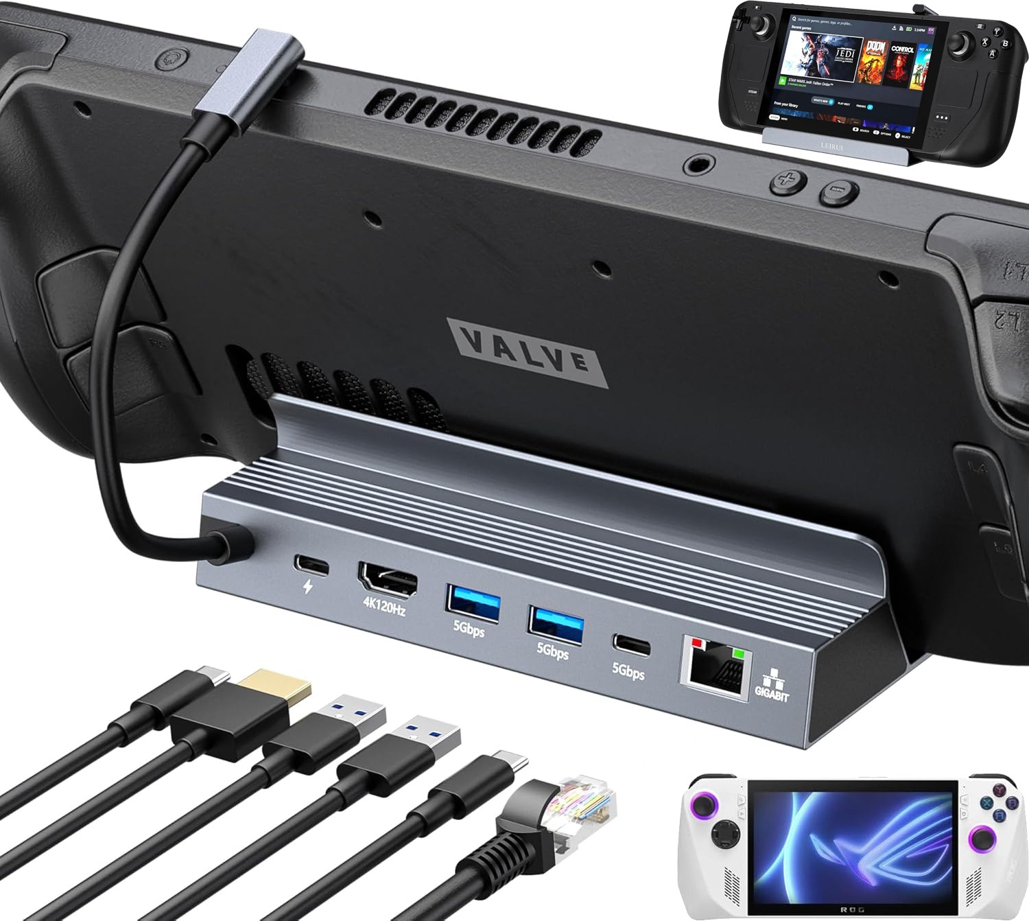 Steam Deck Dock 6in1 USB C Docking Station HDMI 4K@120Hz Gaming Hub 1000Mbps Ethernet USB C Hub 100W Fast Charging for Steam Deck OLED ROG Ally Etc