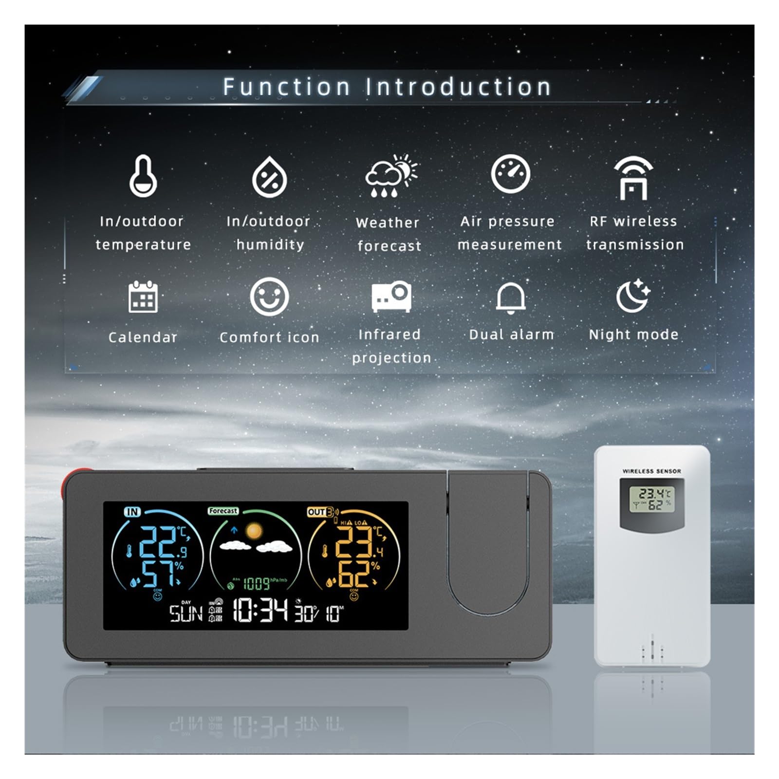 Projection Alarm Clock with Outdoor Sensor | Dual Alarms, Weather Forecast, Dimmable Bedroom Projector Display for Time, Date, Temp & Humidity