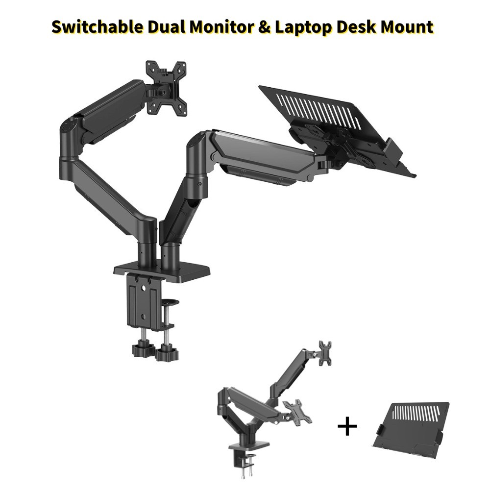 Adjustable Dual Monitor & Laptop Mount, 20lbs Per Arm, Swappable Tray for 13-32" Screens & 10-17" Laptops