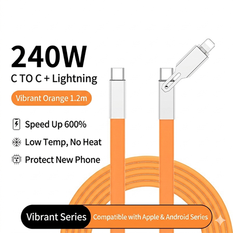 Generic 240w PD USB Type C + Lightning Flat Silicon Cable - Orange 1.2m (CB-2IN1-1.2M-F-Orange)