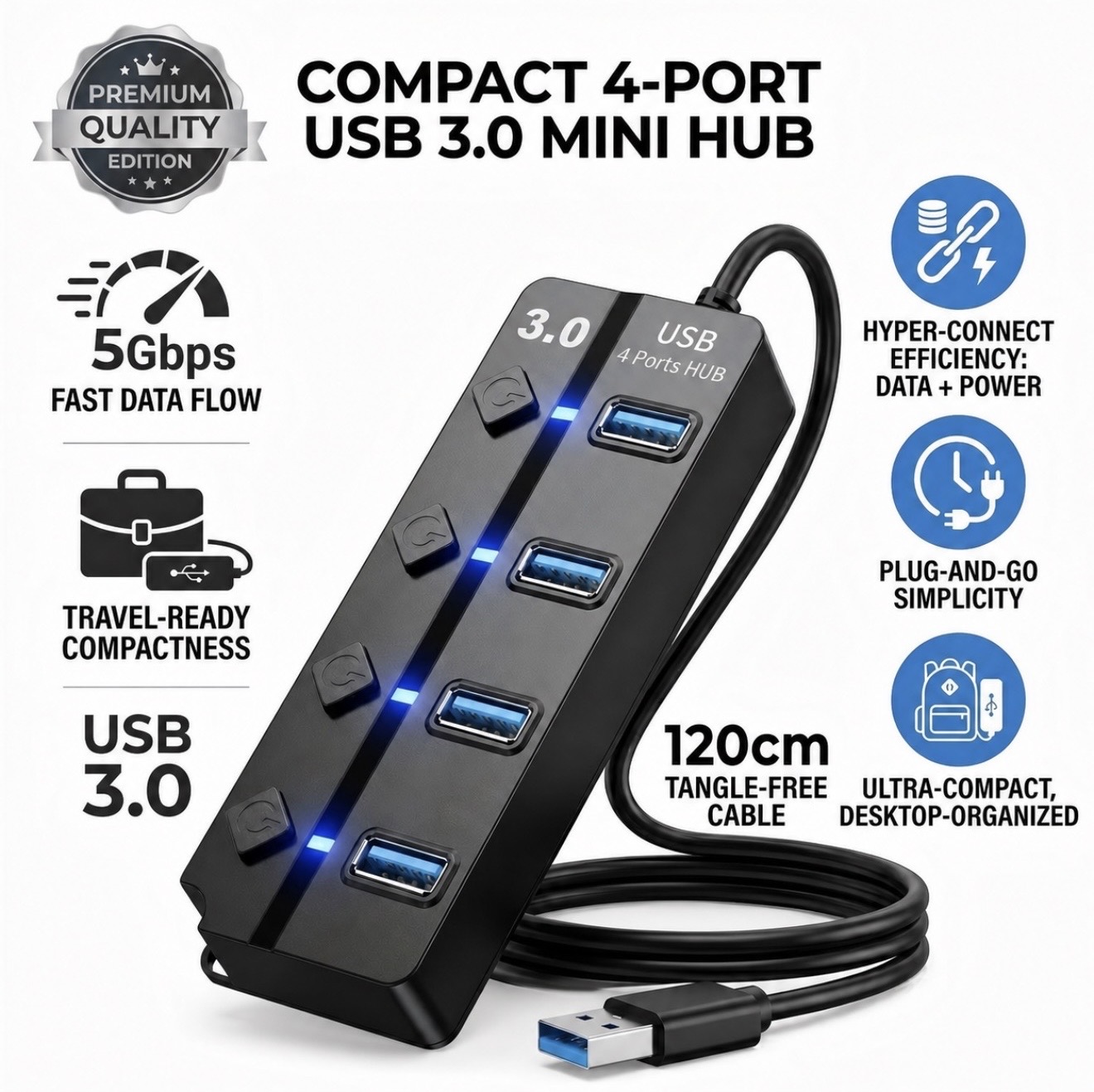 USB Hub 3.0, 4-Port High-Speed Splitter 1.2m, USB Expansion Hub for Laptop/Desktop/PC, Black