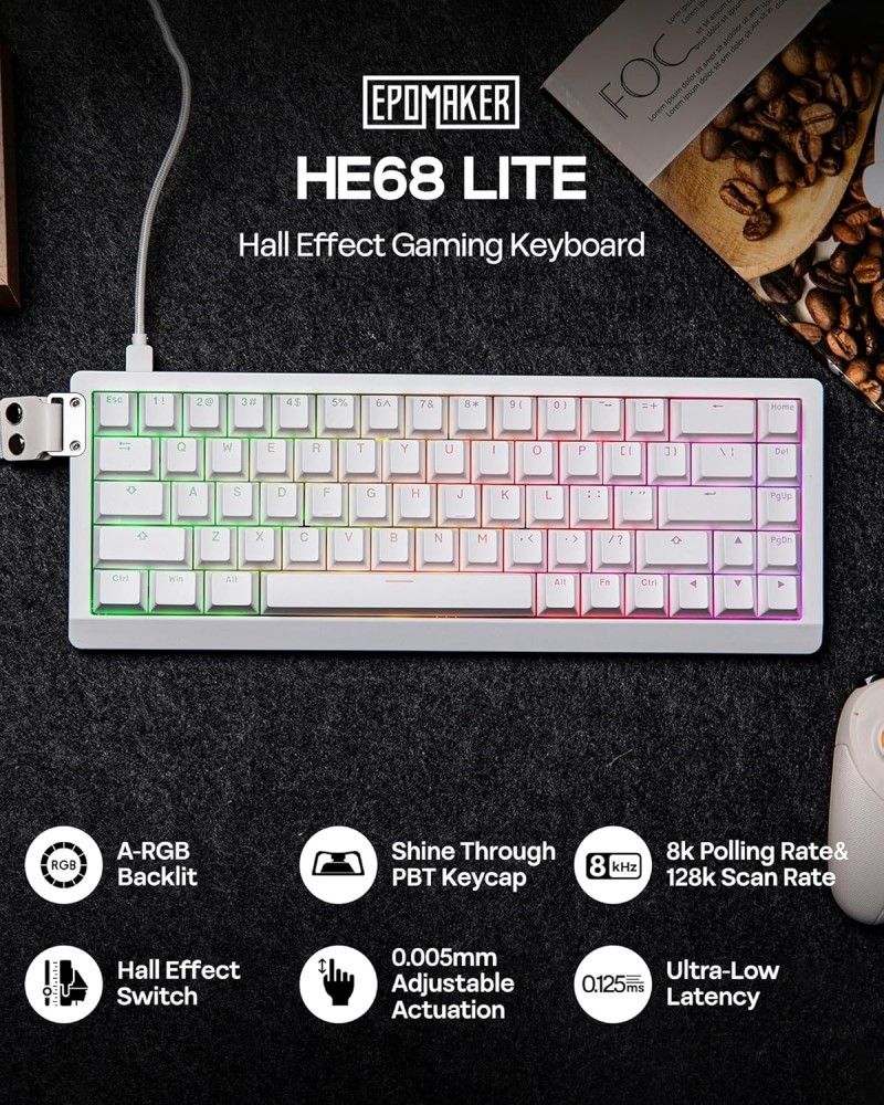 EPOMAKER HE68 Lite Hall Effect Gaming Keyboard, 0.125ms Latency, 5-Layer Sound-Dampened, Snap Key, SOCD, A-RGB, Wired, Mac Software (White Purple)