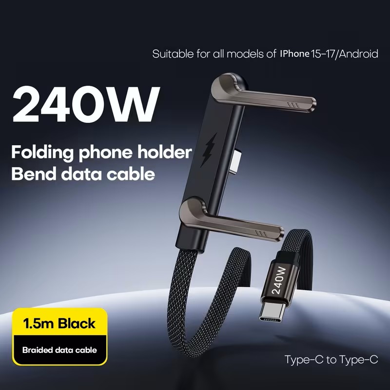 Invisible Charging Cable with Bracket, Type-C to Type-C, 240W PD Fast Charging Cable, 360-Degree Rotatable Adjustable Metal Bracket