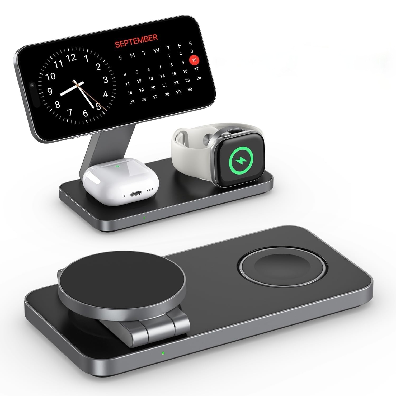 Foldable 3-in-1 MagSafe Wireless Charging Station 15W Qi Aluminium Dock for iPhone Apple Watch AirPods Black