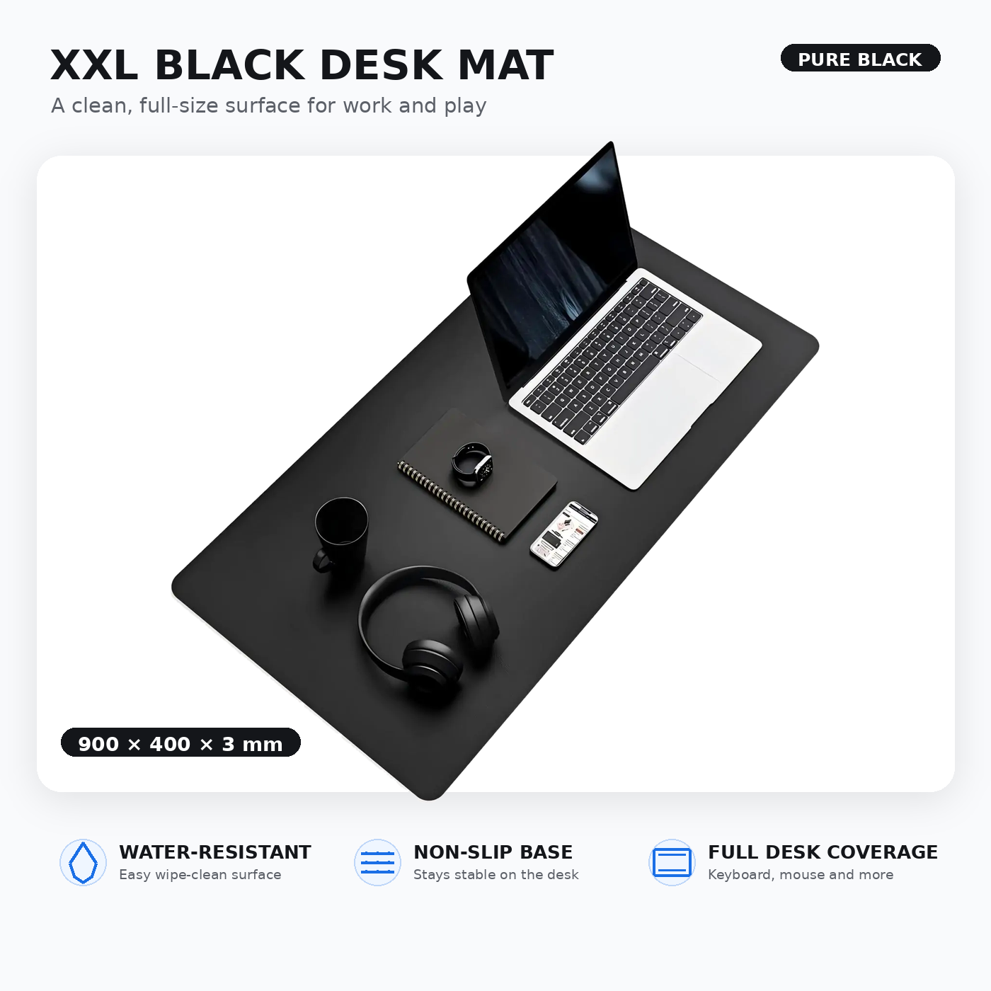 Large Desk Pad for Keyboard and Mouse, Waterproof Office Desk Mat with Non-Slip Suede Base, 900x400x3mm, Black