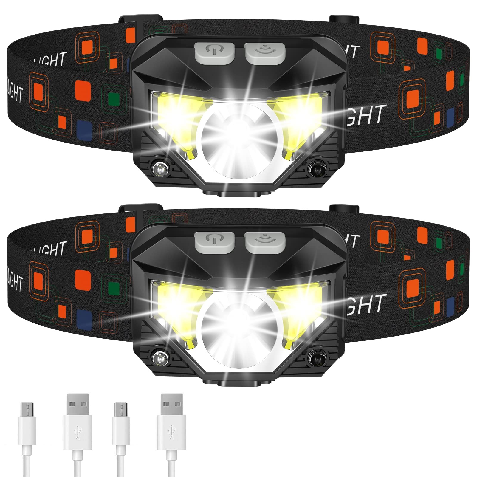 Headlamp Flashlight, Lumen Ultra-Light Bright LED Rechargeable Headlight with White Red Light, 2-Pack Waterproof Motion Sensor Head Lamp,8 Modes for O