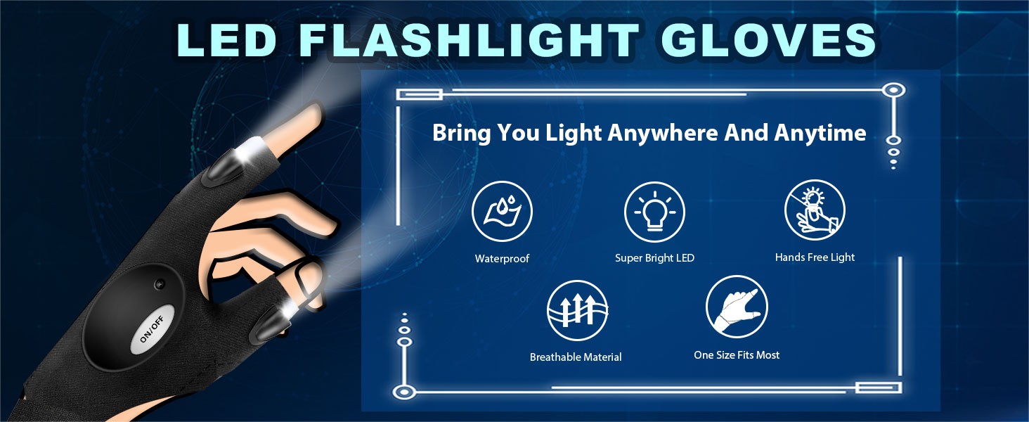 LED Flashlight Gloves, Gifts for Men Dad Him Boyfriend Husband, Cool Gadget Hands-Free Finger Lights for Camping Fishing Repairing, Fathers Day Christ