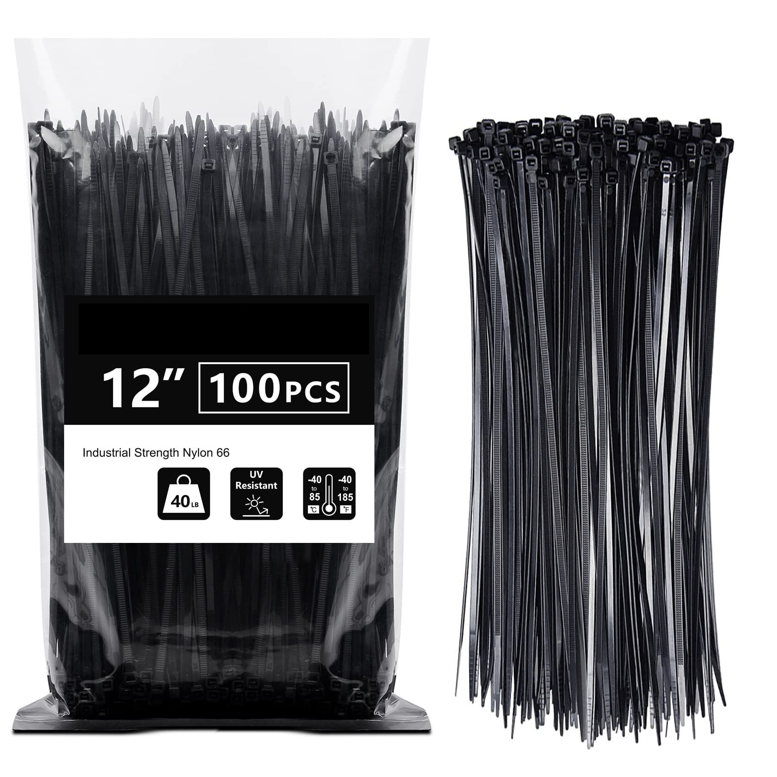 12 Inch Zip Ties Cable Ties Black 100 Pack, Heavy Duty Zip Ties 40LB, UV Resistant Nylon Wire Ties, Self Locking Plastic Cable Ties for Electrical, Ga
