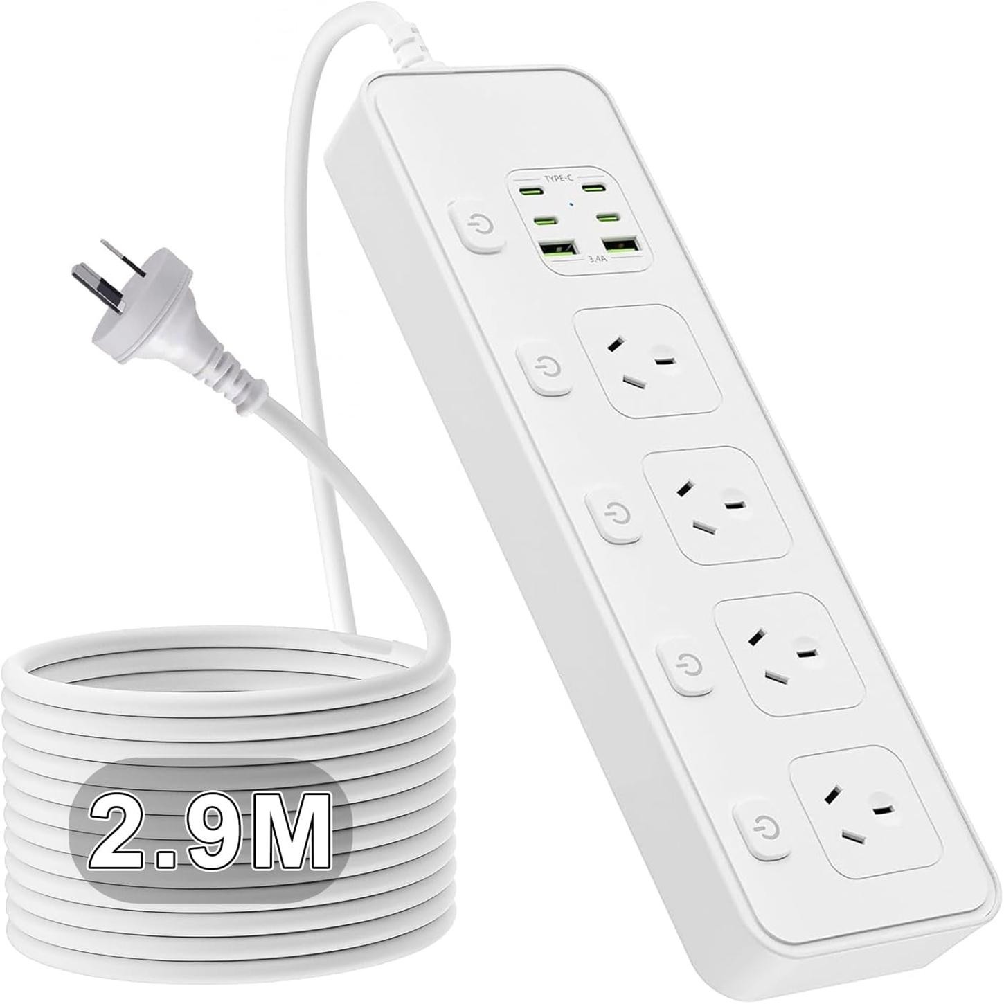 2.9M Australian Power Board with Independent Switches, 4 AU Sockets + 2 USB-A + 4 USB-C Ports, 3000W Flame Resistant Wall Mount Power Strip-White