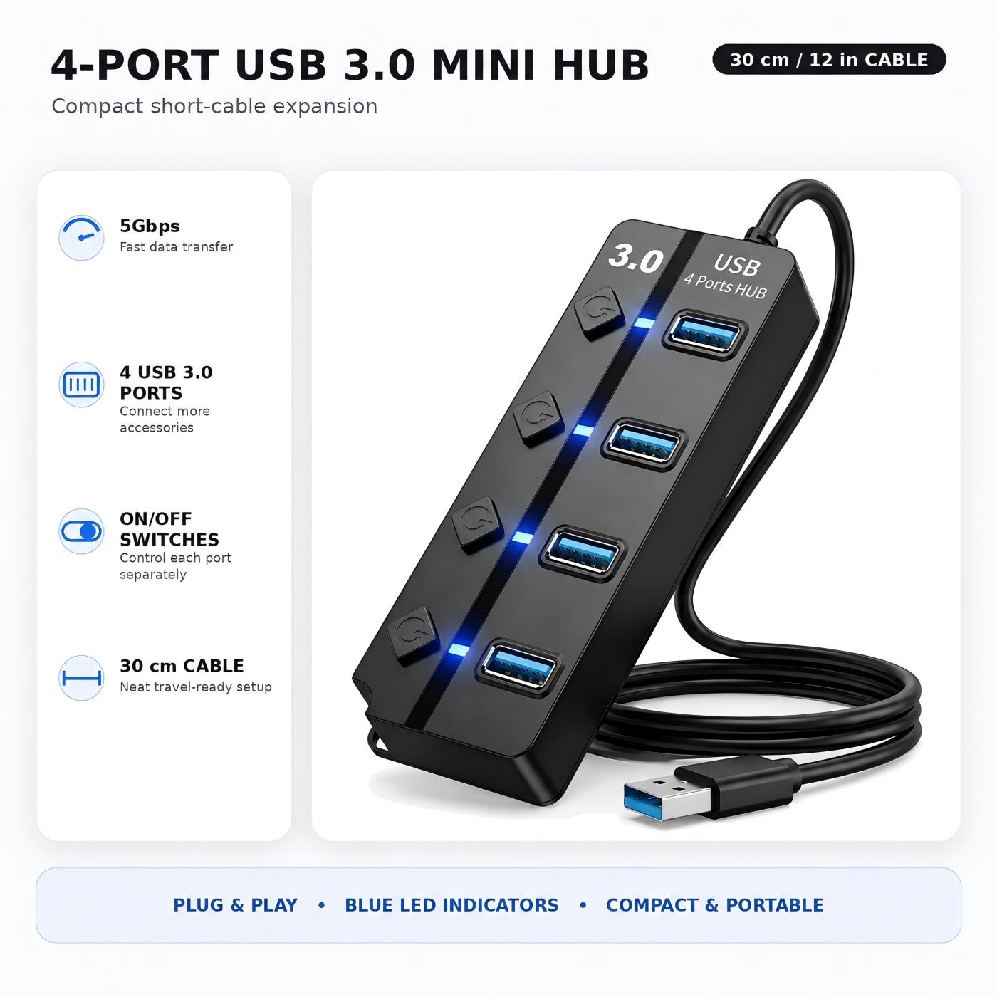USB Hub 3.0, 4-Port High-Speed Splitter 30cm, USB Expansion Hub for Laptop/Desktop/PC, Black